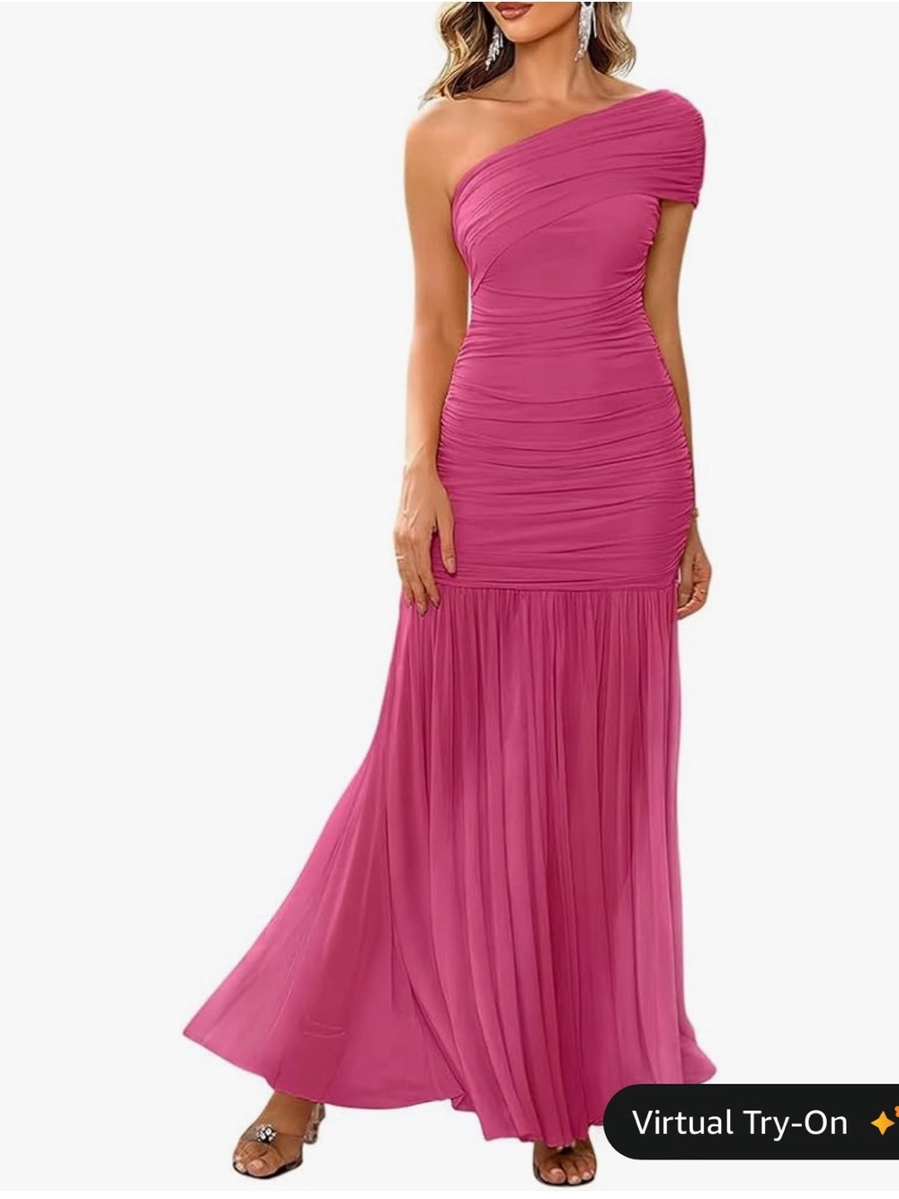 One-Shoulder Ruched Bodice Maxi Dress in Magenta
